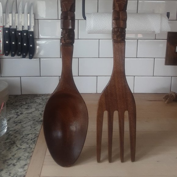 Unbranded Wall Decor Vtg Hand Carved Tiki Totem Mahogany Wood Fork